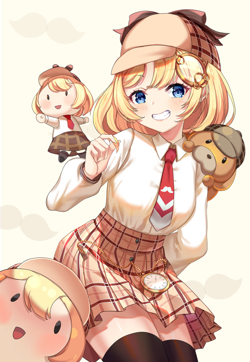 1girl animal bangs blonde_hair blue_eyes brown_headwear brown_skirt bubba_(watson_amelia) chibi detective dog doll grin hair_ornament hanh_chu_(r_a) highres hololive hololive_english holomyth long_sleeves looking_at_viewer monocle_hair_ornament necktie open_mouth pocket_watch polo_shirt red_necktie shirt short_hair skirt smile smol_ame solo teeth watch watson_amelia white_shirt yellow_background