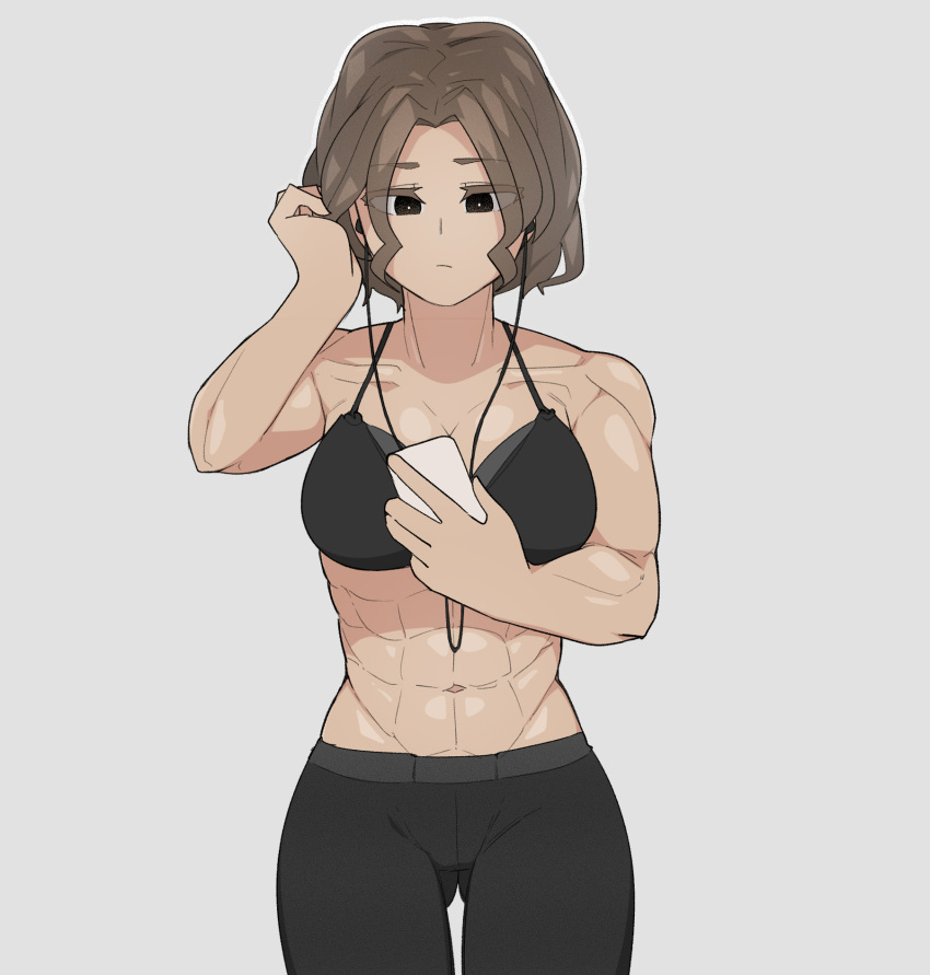 1girl abs bikini bikini_top breasts brown_eyes brown_hair closed_mouth earphones grey_background highres holding holding_phone korean_commentary large_breasts muscular muscular_female navel oddsnail original pants phone short_hair simple_background solo swimsuit track_pants