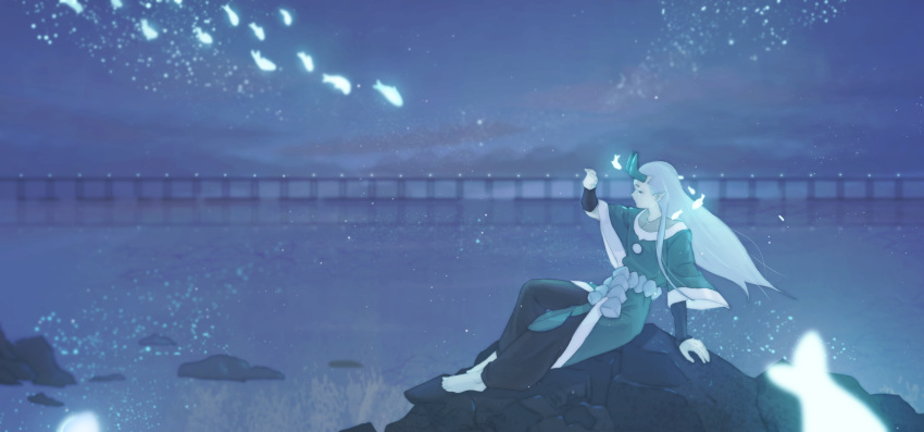 1boy aqua_hair aqua_horns barefoot black_pants blue_sky blue_theme closed_eyes clouds cloudy_sky highres horizon layered_sleeves long_hair long_sleeves outdoors pants pointy_ears profile rock rope short_over_long_sleeves short_sleeves shune_reki sitting sitting_on_rock sky solo the_legend_of_luo_xiaohei wide_shot xuhuai_(the_legend_of_luoxiaohei)