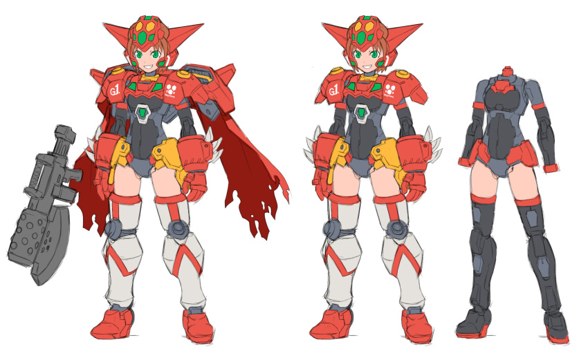 1girl 30_minutes_sisters axe boots breasts brown_hair cape covered_navel getter-1 getter_robo getter_robo_(1st_series) gloves green_eyes helmet highres mecha_musume metal_boots open_hands parody personification red_cape red_gloves small_breasts spikes style_parody tanimeso thigh-highs thigh_boots white_background