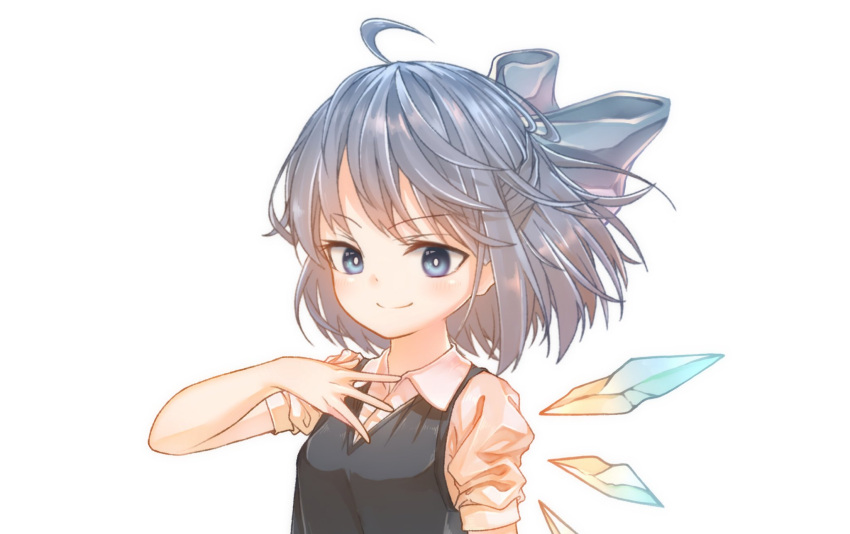 1girl ahoge arm_at_side arm_up bangs blue_bow blue_dress blue_eyes blue_hair blush bow bright_pupils cirno collared_shirt commentary_request dress eyebrows_visible_through_hair eyelashes fairy fingers hair_bow hand_on_own_chest highres hito_komoru ice ice_wings looking_at_viewer pinafore_dress puffy_short_sleeves puffy_sleeves shirt short_hair short_sleeves smile solo standing touhou white_background white_pupils white_shirt wing_collar wings