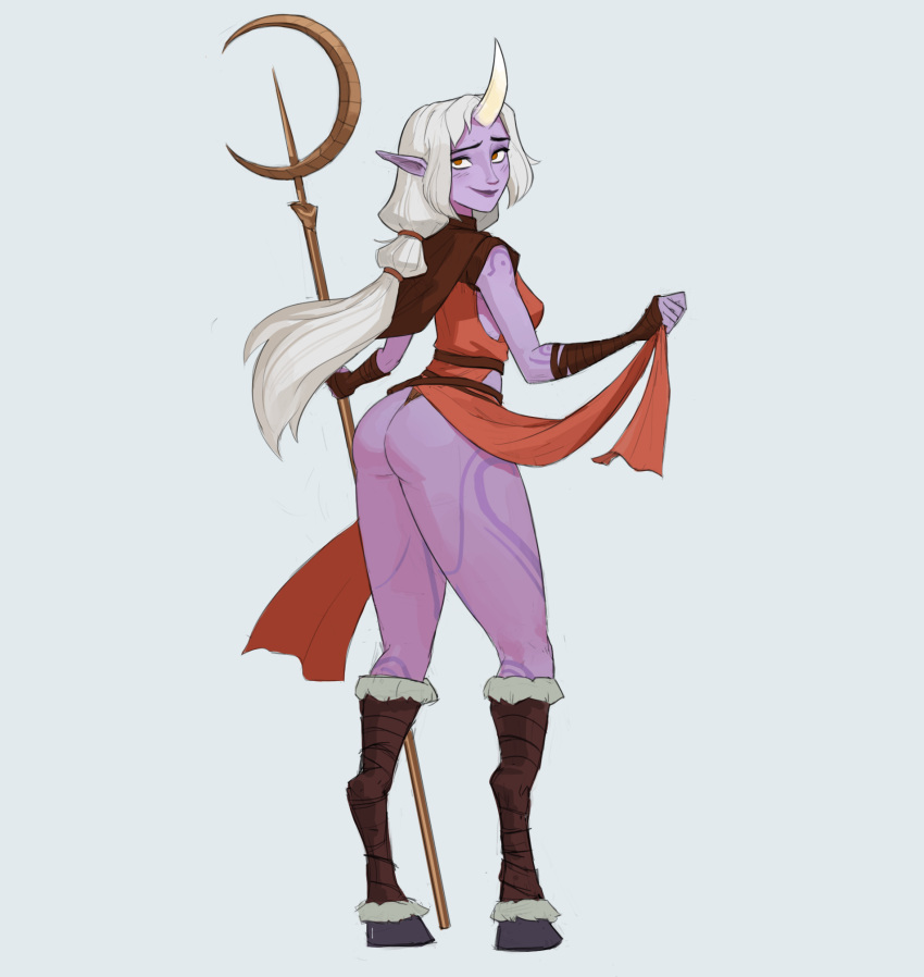 1girl amugea ass clothes_lift colored_skin gloves highres hooves horns league_of_legends long_hair looking_at_viewer pointy_ears ponytail purple_skin single_horn skirt skirt_lift solo soraka staff tattoo very_long_hair white_hair yellow_eyes