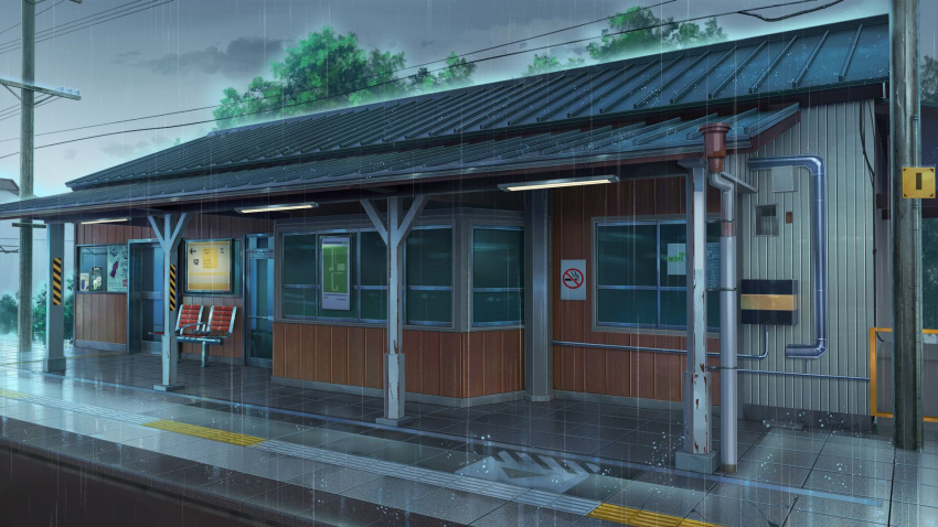 bench board bulletin_board cable chinese_commentary clouds commentary_request door highres light no_humans no_smoking original pillar rain rooftop scenery sky train_station utility_pole water_drop window xingzhi_lv