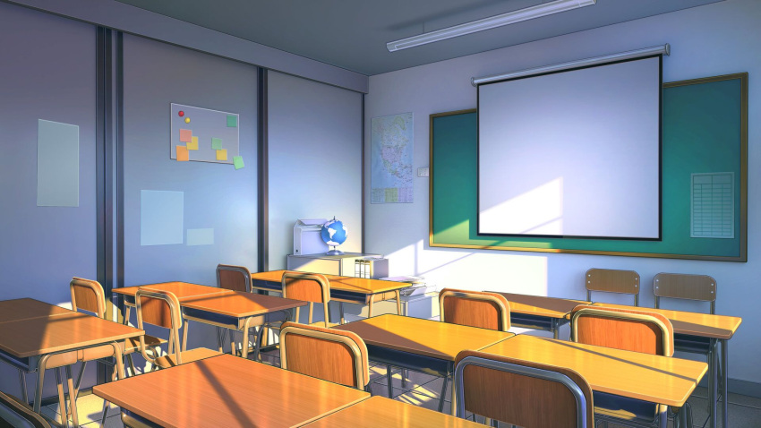 america board chair chalkboard chinese_commentary classroom commentary_request desk file globe highres map no_humans note original scenery school screen shade sunlight xingzhi_lv