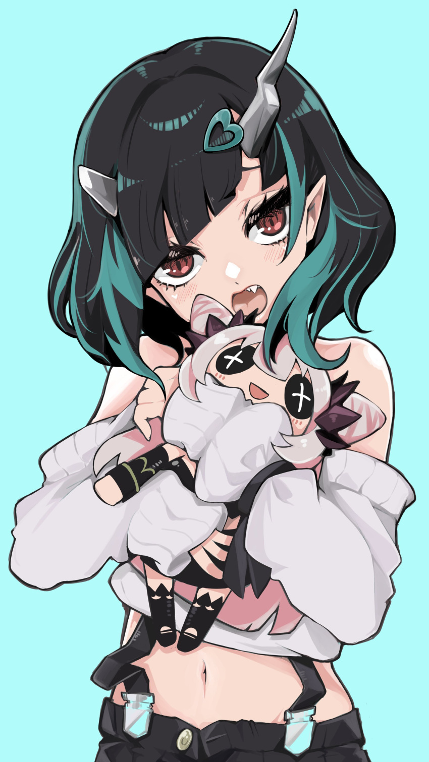 1girl absurdres bangs black_hair black_shorts blue_hair blush button_eyes character_doll commentary_request cowboy_shot cropped_sweater demon_girl demon_horns fang grey_sweater hair_ornament heart heart_hair_ornament highres honey_strap horns long_sleeves looking_at_viewer medium_hair midriff navel off-shoulder_sweater off_shoulder official_alternate_costume open_mouth panyatteria pointy_ears red_eyes shishio_chris shorts simple_background solo sugar_lyric suou_patra sweater virtual_youtuber