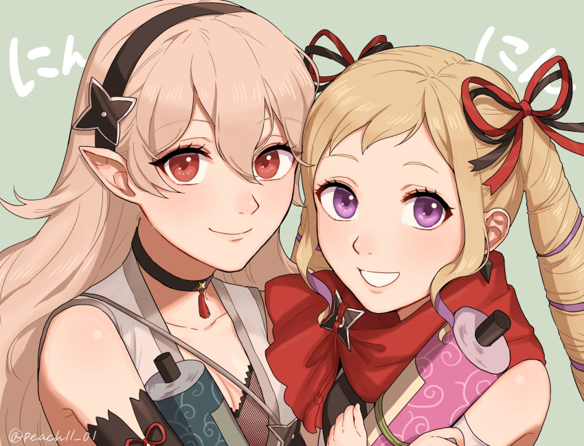 2girls bangs blonde_hair blush bodysuit bow breasts corrin_(fire_emblem) corrin_(fire_emblem)_(female) elise_(fire_emblem) fire_emblem fire_emblem_fates fire_emblem_heroes hair_between_eyes hair_bow hair_ornament hairband highres japanese_clothes long_hair looking_at_viewer manakete multiple_girls ninja peach11_01 pointy_ears red_eyes scarf silver_hair simple_background smile twintails violet_eyes white_hair