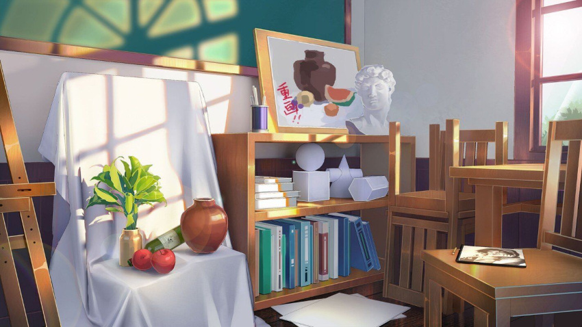 apple book bottle chair chalkboard chinese_commentary chinese_text cloth commentary_request food fruit no_humans notebook original painting_(object) paper plant scenery shade shelf statue sunlight tree vase window wine_bottle wooden_floor xingzhi_lv