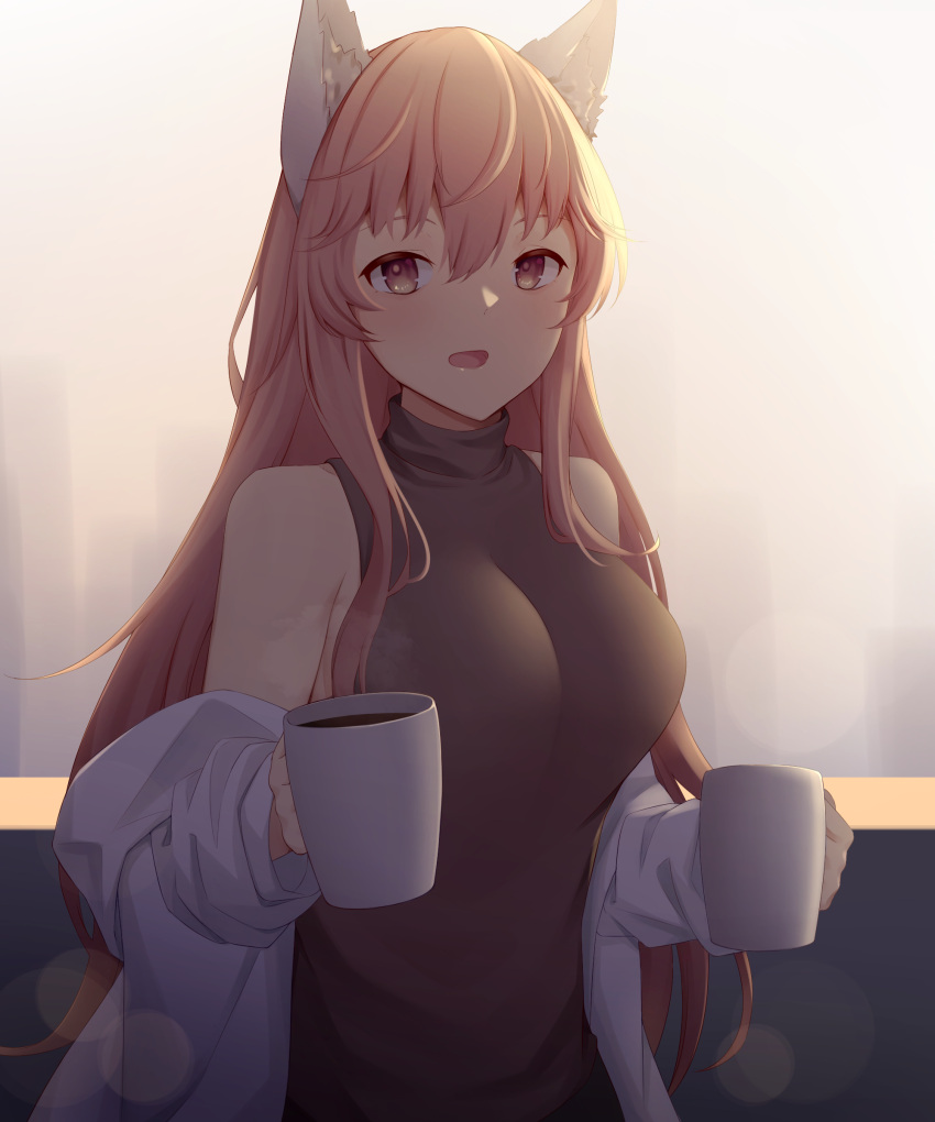 1girl absurdres act_(xadachit) animal_ear_fluff animal_ears breasts brown_eyes brown_sweater_vest coffee_cup cup disposable_cup eyebrows_visible_through_hair girls'_frontline_neural_cloud girls_frontline highres holding holding_cup large_breasts long_hair looking_at_viewer open_mouth persica_(girls'_frontline) persicaria_(girls'_frontline_nc) pink_hair simple_background smile solo upper_body white_robe