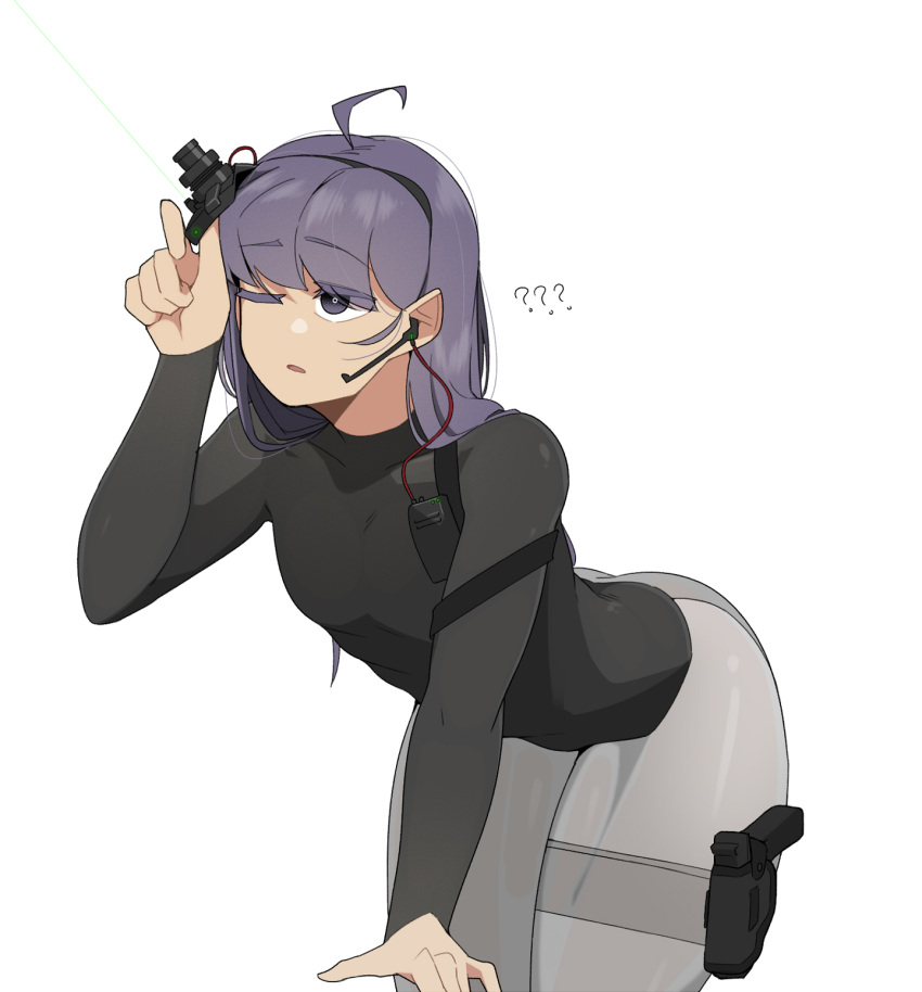 1girl ? ?? black_shirt commentary_request earpiece gun highres holster holstered_weapon korean_commentary long_hair long_sleeves muscular muscular_female oddsnail one_eye_closed open_mouth original purple_hair shirt simple_background solo violet_eyes weapon white_background