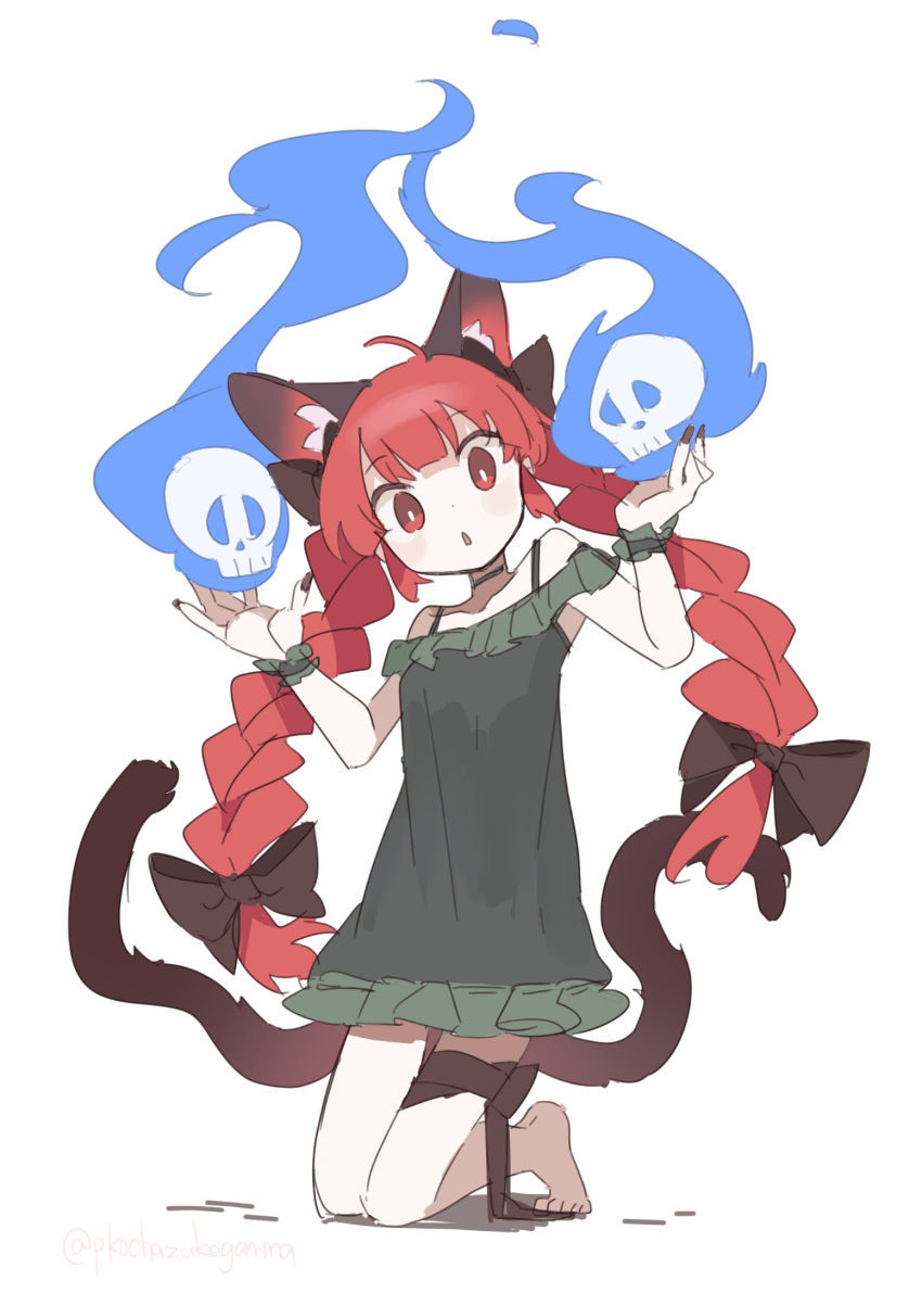 1girl ahoge aida_(aidia) animal_ear_fluff animal_ears barefoot bow braid cat_ears cat_tail choker dress extra_ears fingernails ghost green_dress highres hitodama holding holding_skull kaenbyou_rin leg_ribbon long_hair looking_at_viewer multiple_tails nail_polish one-hour_drawing_challenge open_mouth red_eyes redhead ribbon sharp_fingernails short_dress skull slit_pupils solo tail touhou twin_braids two_tails very_long_hair white_background