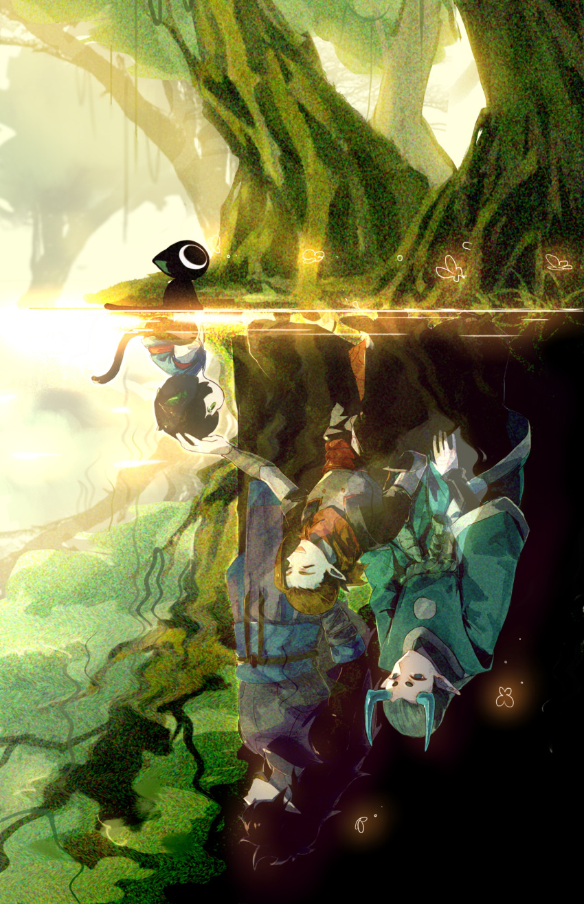 4boys absurdres animal_ears aqua_hair aqua_horns black_cat brown_hair cat cat_boy cat_ears cat_tail different_reflection fengxi_(the_legend_of_luoxiaohei) highres luoxiaohei luozhu_(the_legend_of_luoxiaohei) multiple_boys nature outdoors pointy_ears reflection tail the_legend_of_luo_xiaohei tree xi782416 xuhuai_(the_legend_of_luoxiaohei)