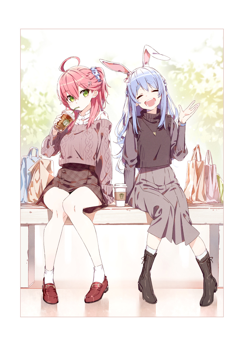 2girls :d absurdres ahoge ancoloyuki animal_ears bangs blue_eyes boots brand_name_imitation brown_dress brown_footwear brown_skirt brown_sweater closed_eyes cup disposable_cup dress drinking_straw drinking_straw_in_mouth eyebrows_visible_through_hair full_body green_eyes grey_skirt hair_between_eyes hair_ornament hair_scrunchie highres holding holding_cup hololive kneehighs knees_together_feet_apart loafers long_hair long_sleeves looking_at_another multiple_girls off_shoulder one_side_up pink_hair rabbit_ears red_footwear sakura_miko scrunchie shirt shoes sitting skirt sleeveless sleeveless_sweater smile socks sweater thick_eyebrows usada_pekora virtual_youtuber watch watch white_legwear white_shirt