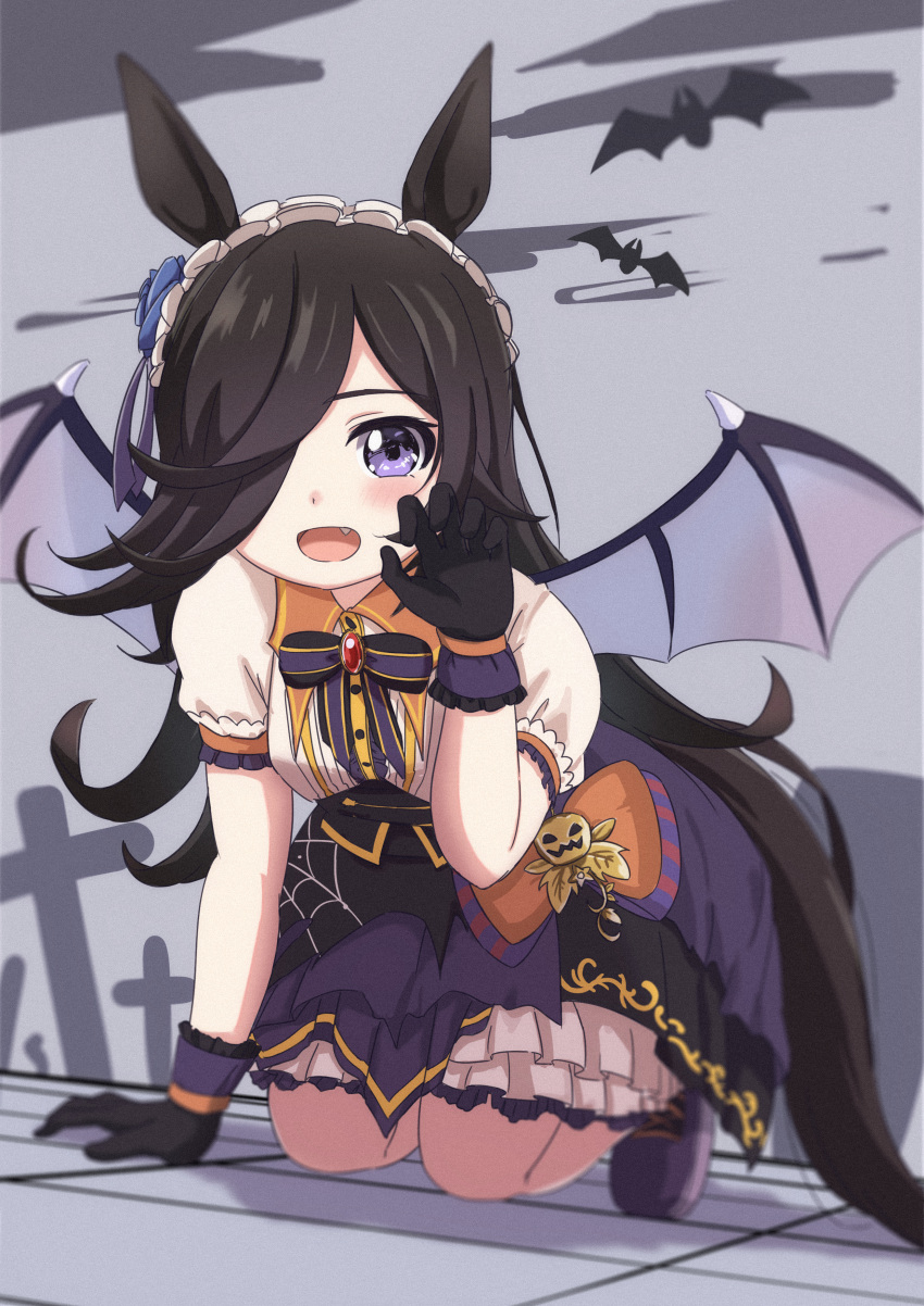 1girl absurdres animal_ears arm_support bat black_gloves black_hair black_neckwear black_wings blue_flower blue_rose bow bowtie brooch claw_pose collared_shirt commentary demon_wings fang flower frilled_hairband frilled_skirt frills gloves hair_flower hair_ornament hair_over_one_eye hairband halloween halloween_costume highres horse_ears horse_girl horse_tail jack-o'-lantern_ornament jewelry kneeling leaning_forward long_hair looking_at_viewer make_up_in_halloween!_(umamusume) medium_skirt onomaoo open_mouth orange_bow puffy_short_sleeves puffy_sleeves purple_footwear purple_skirt rice_shower_(umamusume) rose shirt shoes short_sleeves skirt smile solo tail umamusume violet_eyes white_hairband white_shirt wings