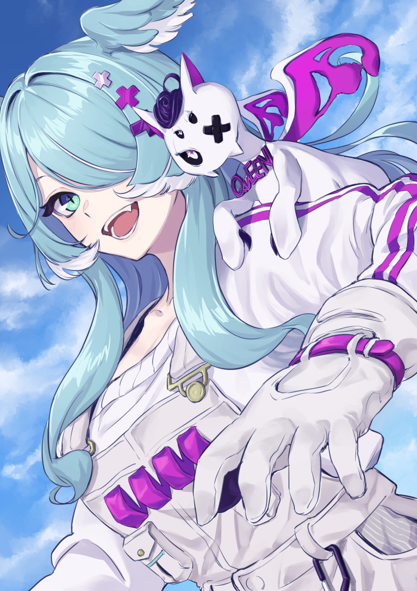 1girl absurdres blue_eyes blue_hair breasts clouds commentary dragon dragon_girl elira_pendora english_commentary fangs g9_(jiiku) gloves grey_gloves grey_overalls grey_sweater hair_ornament hair_over_one_eye hairclip head_wings highres long_hair looking_at_viewer medium_breasts multicolored_hair nijisanji nijisanji_en one_eye_covered open_mouth pikl_(elira_pendora) sky smile sweater two-tone_hair virtual_youtuber white_hair