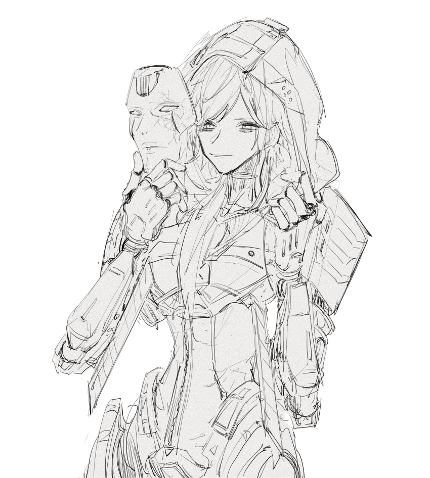 1boy absurdres android apex_legends arm_blade ash_(titanfall_2) ash_(titanfall_2)_(cosplay) cosplay cracked_mask greyscale hair_behind_ear highres holding holding_mask hood hood_up lauren_iroas long_hair looking_at_viewer male_focus mask monochrome nijisanji shui_boli sketch solo virtual_youtuber weapon white_background