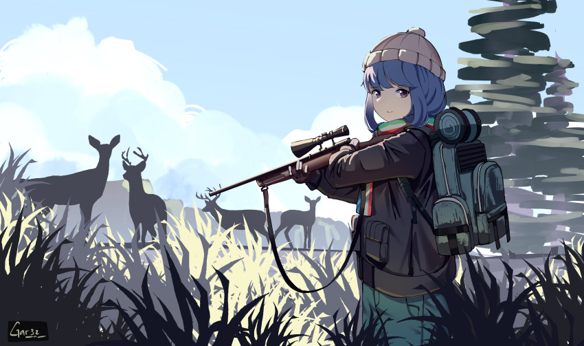 1girl absurdres animal backpack bag bangs beanie black_gloves black_jacket blue_hair blue_pants blue_sky brown_eyes closed_mouth clouds cloudy_sky commentary day deer english_commentary eyebrows_visible_through_hair gar32 gloves grey_headwear gun hat highres holding holding_gun holding_weapon jacket long_sleeves looking_at_viewer looking_to_the_side outdoors pants rifle scarf shima_rin signature silhouette sky smile sniper_rifle sniper_scope solo striped striped_scarf weapon weapon_request yurucamp