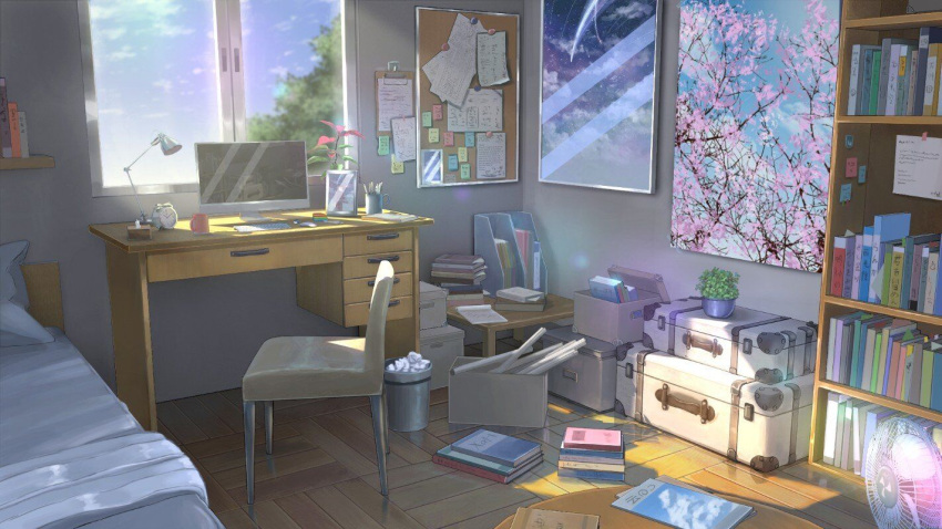alarm_clock bed book bookshelf box bulletin_board chair chinese_commentary clock clouds commentary_request computer cup desk electric_fan flower_pot imac keyboard_(computer) lamp mouse_(computer) no_humans note original painting_(object) paper pen pillow plant portrait_(object) scenery shade shelf sky sunlight trash_can tree window xingzhi_lv