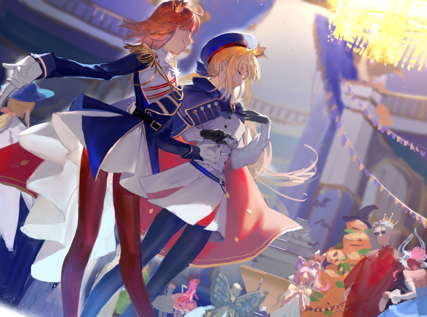 1boy 6+girls ahoge alternate_costume artoria_pendragon_(caster)_(fate) artoria_pendragon_(fate) bare_shoulders black_gloves blonde_hair blue_cape blue_headwear blue_ribbon buttons cape character_request closed_eyes crown double-breasted dress dutch_angle fate/grand_order fate_(series) from_behind fujimaru_ritsuka_(female) gloves hat highres jack-o'-lantern long_hair multiple_girls orange_hair outstretched_arm pantyhose pink_hair ponytail pumpkin ribbon smile ubwmitekure waist_cape white_background white_cape white_dress