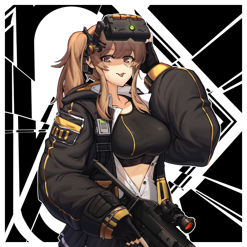 1girl absurdres black_gloves black_jacket black_skirt black_sports_bra blush bow breasts brown_eyes brown_hair collarbone eyebrows_visible_through_hair fingerless_gloves girls_frontline gloves gun h&amp;k_ump hachirodesu hair_bow hand_on_eyewear highres holding holding_gun holding_weapon jacket large_breasts long_hair looking_at_viewer open_clothes open_jacket open_mouth safety_glasses scar scar_across_eye skirt smile solo sports_bra submachine_gun twintails ump9_(girls'_frontline) upper_body weapon