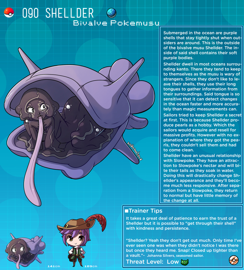 1boy 1girl artist_name black_skin character_name character_profile colored_skin commentary english_commentary english_text hat hat_feather heart heart-shaped_pupils highres kinkymation long_tongue monster_girl personification poke_ball pokemon purple_hair shell symbol-shaped_pupils tongue