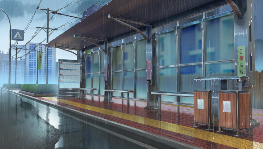 building bus_stop bush cable chinese_commentary chinese_text city cityscape commentary_request english_text fence highres lamppost no_humans original plant rain reflection reflective_water road road_sign rooftop scenery seat sign trash_can utility_pole water_drop xingzhi_lv