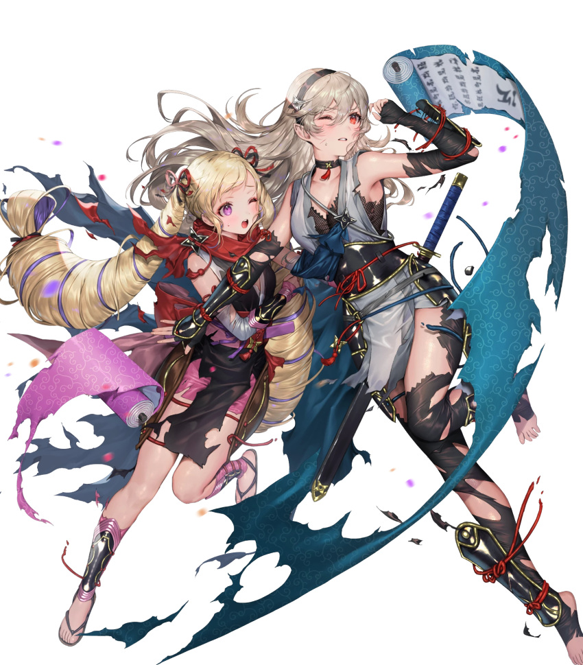 2girls bangs blonde_hair corrin_(fire_emblem) corrin_(fire_emblem)_(female) elise_(fire_emblem) fire_emblem fire_emblem_fates fire_emblem_heroes full_body hair_ornament hairband highres japanese_clothes long_hair multiple_girls ninja official_art pointy_ears red_eyes senchat silver_hair transparent_background violet_eyes