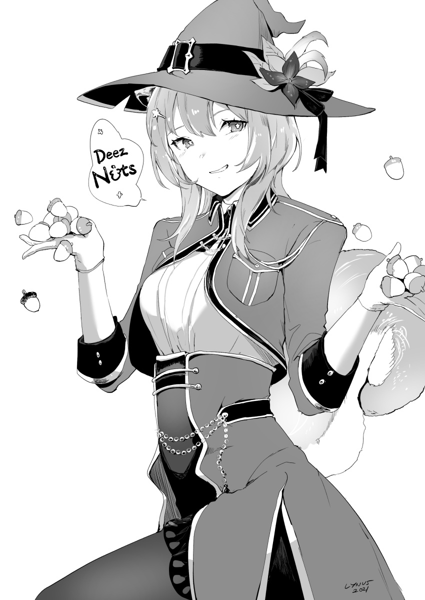 1girl absurdres acorn ayunda_risu bangs breasts deez_nuts_(meme) english_commentary gloves greyscale hat hat_leaf high-waist_skirt highres holding hololive hololive_indonesia jacket lynus medium_breasts medium_hair meme monochrome skirt smile solo squirrel_girl squirrel_tail tail virtual_youtuber witch_hat