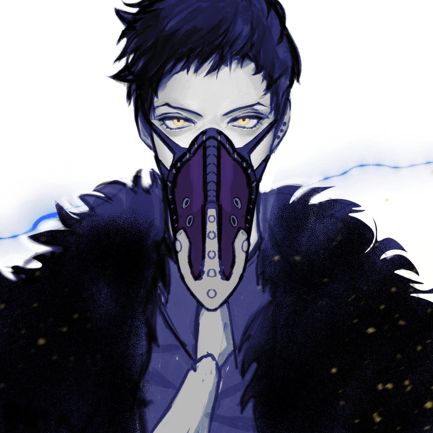 1boy black_hair blue_shirt boku_no_hero_academia ear_piercing feather_trim highres jacket male_focus mask n-i-s-s-i necktie overhaul_(boku_no_hero_academia) piercing plague_doctor_mask portrait shirt short_hair simple_background solo white_background yellow_eyes