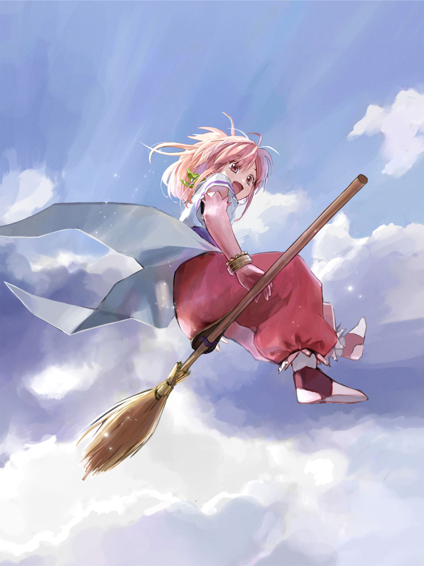 1girl :d absurdres arche_klein ass bangs blue_sky bracelet broom broom_riding clouds cloudy_sky elbow_gloves eyebrows_visible_through_hair flying gloves highres ishiyuki00 jewelry open_mouth pants pink_eyes pink_hair pink_pants ponytail sky smile solo tales_of_(series) tales_of_phantasia