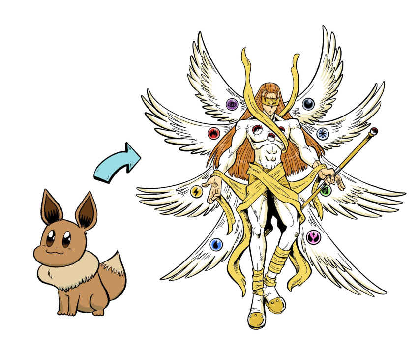1boy angel angel_wings arrow_(symbol) bodysuit brown_hair commentary digimon digimon_(creature) eevee english_commentary highres long_hair multiple_wings parody pokemon pokemon_(creature) sam_o simple_background visor white_background white_bodysuit white_wings wings