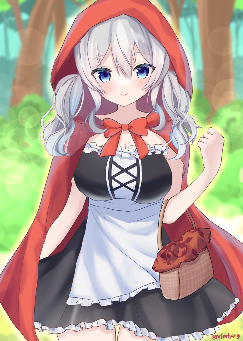 1girl absurdres basket black_dress blue_eyes breasts capelet cosplay dress frilled_dress frills highres hood hooded_capelet kantai_collection kashima_(kancolle) large_breasts little_red_riding_hood little_red_riding_hood_(grimm) little_red_riding_hood_(grimm)_(cosplay) red_capelet red_hood sidelocks silver_hair sleeveless sleeveless_dress smile solo strapless strapless_dress tsurime twintails wavy_hair yoshino_(mfmfpng)