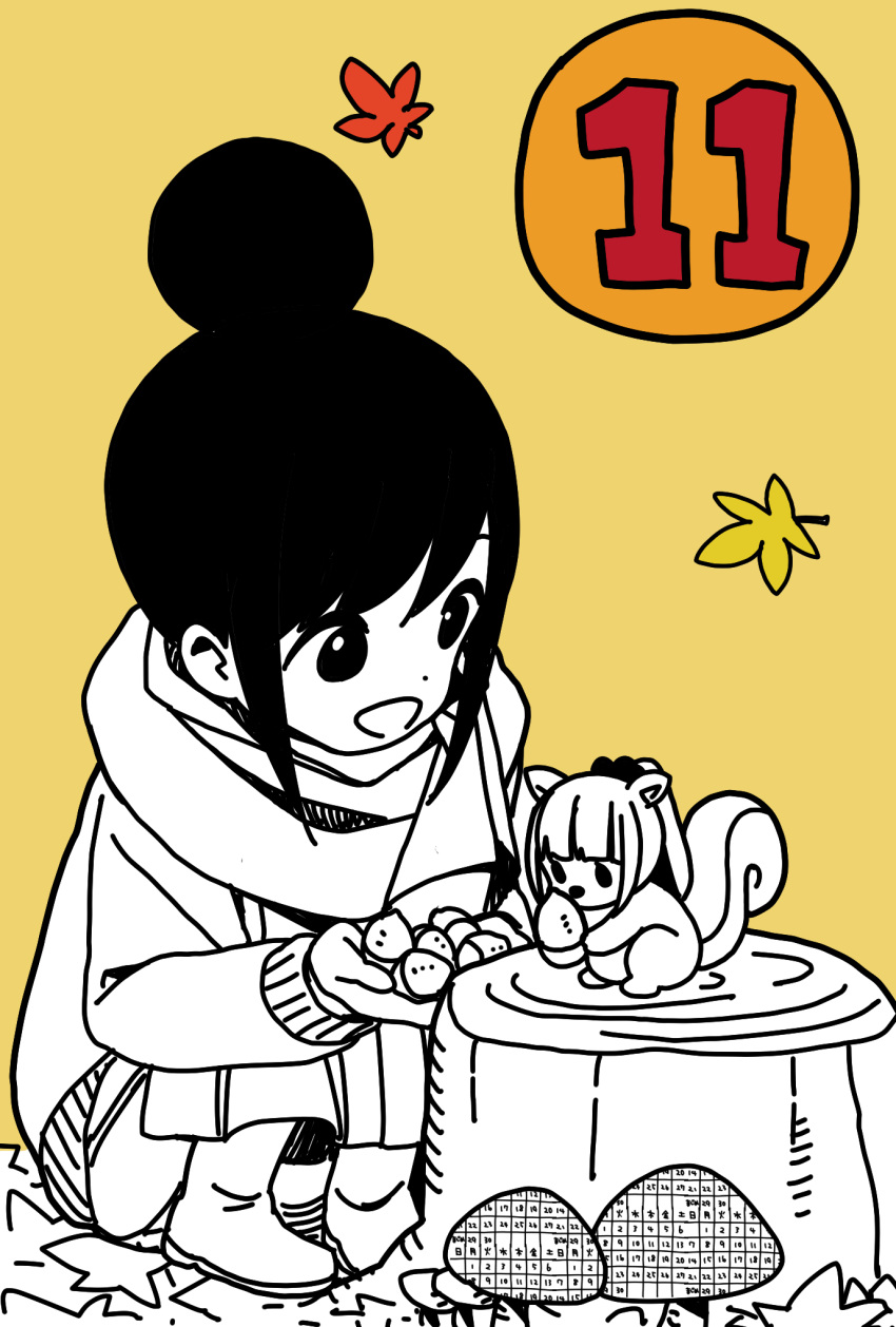 1girl bangs commentary_request dot_nose full_body hair_bun highres hitori_bocchi hitoribocchi_no_marumaru_seikatsu honshou_aru katsuwo_(cr66g) leaf looking_at_another looking_at_food mushroom nut_(food) open_mouth partially_colored scarf simple_background smile squatting squirrel tree_stump winter_clothes yellow_background