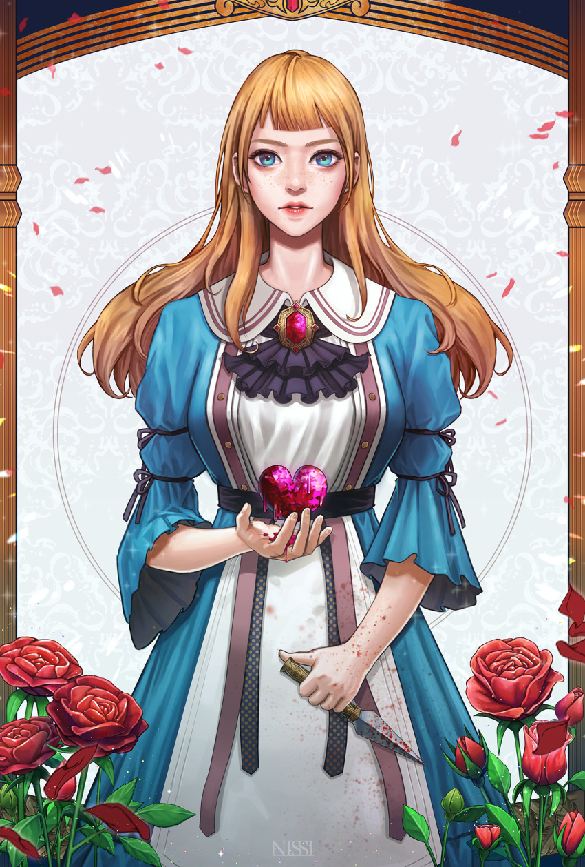 1girl alice_(alice_in_wonderland) alice_in_wonderland artist_name blonde_hair blood blood_on_clothes blood_on_weapon blue_dress blue_eyes brooch dress english_commentary flower heart highres jewelry knife long_hair looking_at_viewer n-i-s-s-i petals rose standing weapon white_dress