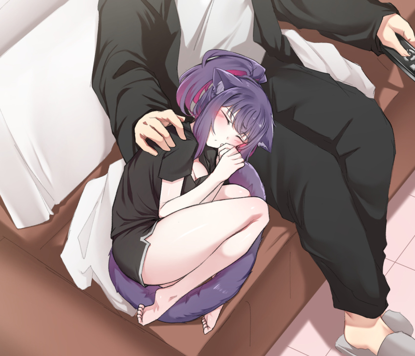 1boy 1girl animal_ears arknights bangs bare_legs barefoot black_jacket black_pants black_shirt black_shorts cat_ears cat_tail closed_eyes commentary controller couch highres jacket jessica_(arknights) k0ng lap_pillow lying on_side open_clothes open_jacket pants purple_hair remote_control shirt short_sleeves shorts slippers tail thighs