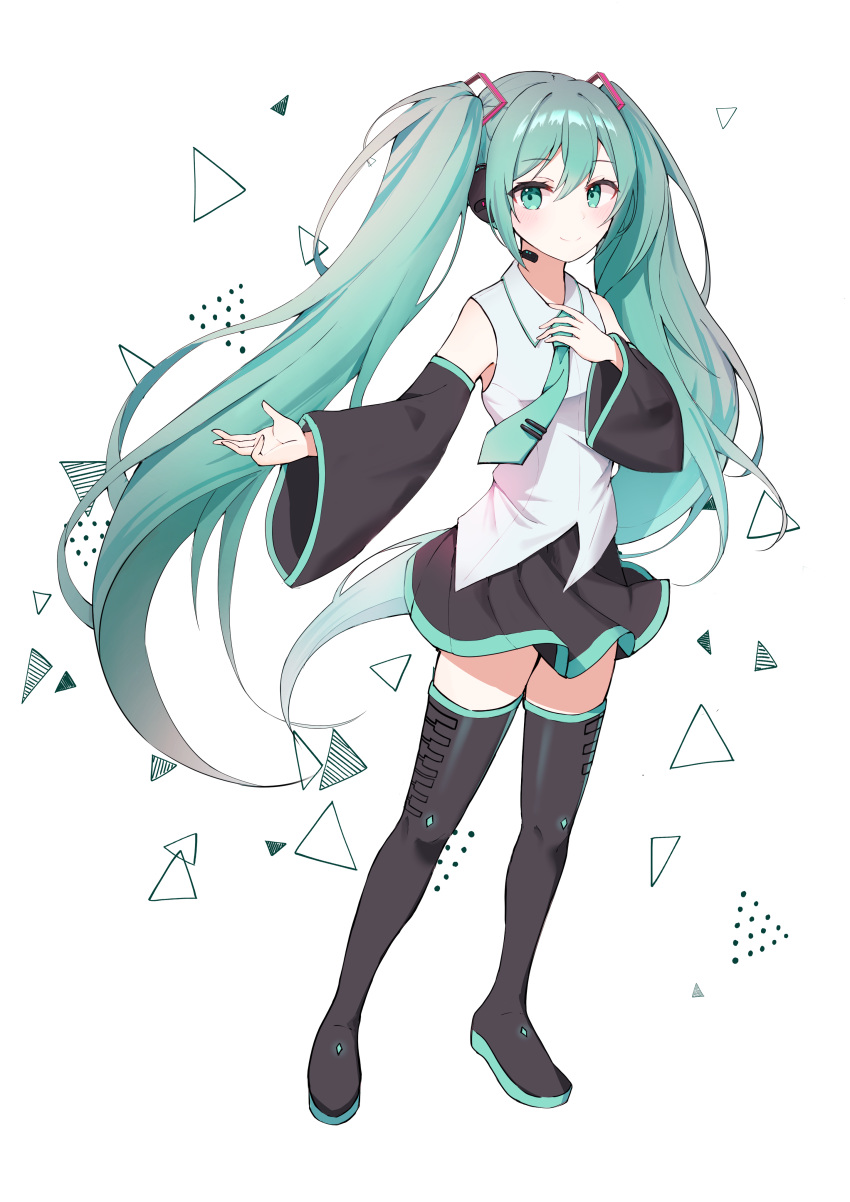 1girl absurdres aqua_eyes aqua_hair bangs black_legwear black_skirt boots closed_mouth collared_shirt commentary detached_sleeves eyebrows_visible_through_hair full_body hair_between_eyes hair_ornament hand_on_own_chest hatsune_miku headphones highres long_hair long_sleeves looking_at_viewer microphone necktie shan_(ti0n) shirt simple_background skirt smile solo standing thigh-highs thigh_boots triangle twintails vocaloid white_background white_shirt wide_sleeves
