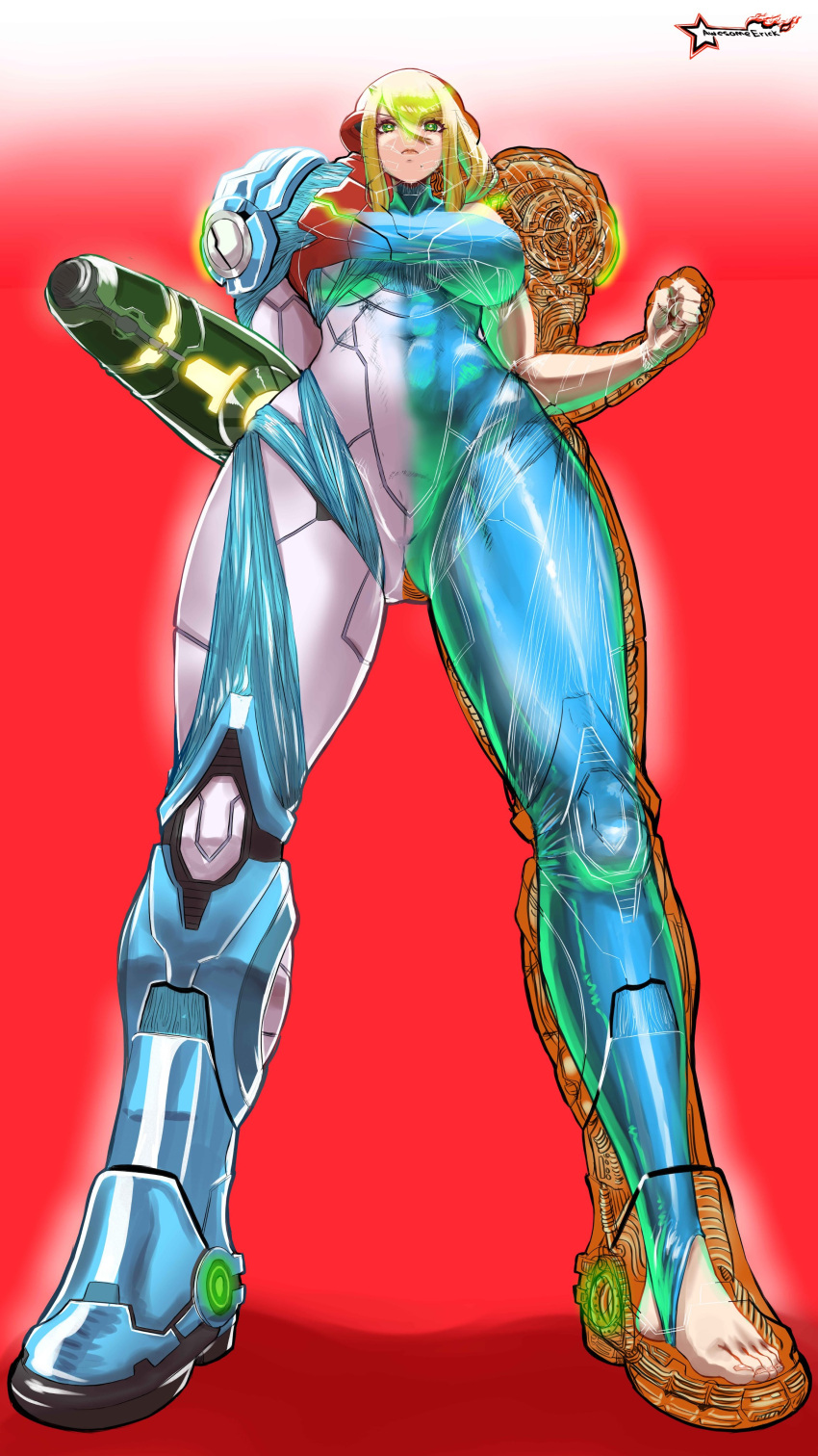 1girl abs absurdres arm_cannon ass_visible_through_thighs awesomeerix blonde_hair breasts clenched_hands covered_abs covered_navel covered_nipples derivative_work full_body gradient gradient_background green_eyes highres large_breasts metroid metroid_dread power_suit red_background samus_aran serious solo standing super_metroid thigh_gap toeless_legwear toes weapon x-ray