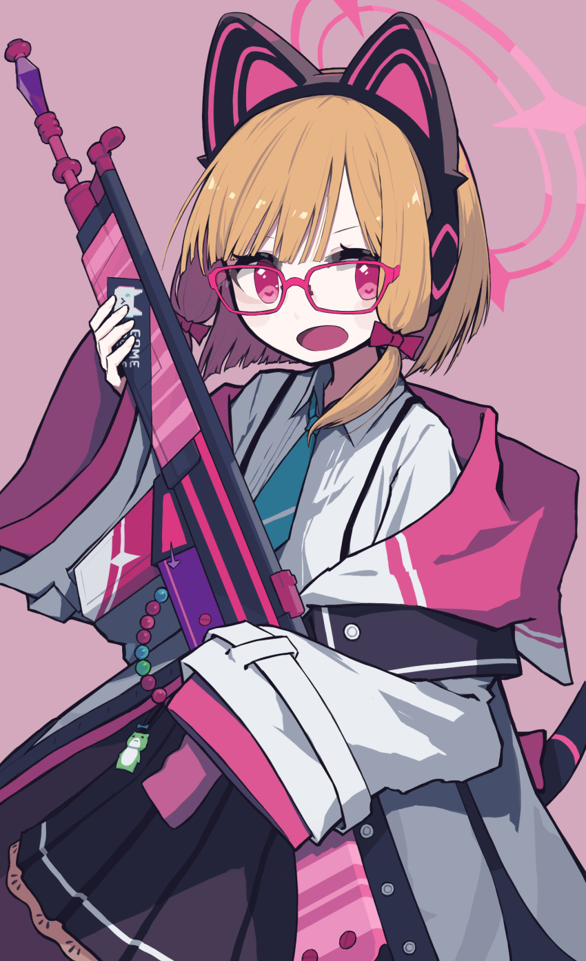 1girl absurdres assault_rifle battle_rifle bespectacled blonde_hair blue_archive cat_ear_headphones commentary glasses gun h&amp;k_g3 halo headphones highres jacket looking_at_viewer momoi_(blue_archive) necktie open_mouth papaia_(quentingqoo) red_eyes rifle school_uniform simple_background solo weapon