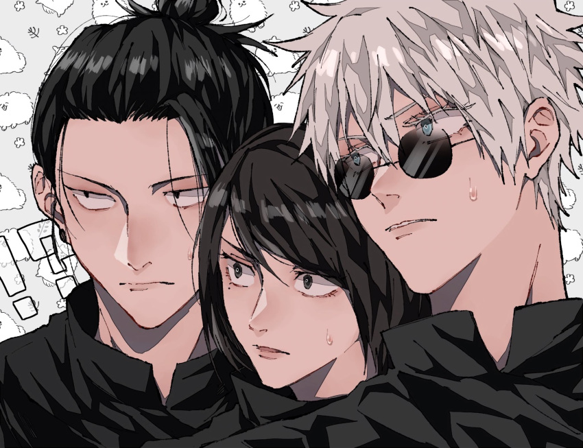 1girl 2boys bangs black_eyes black_hair black_jacket blue_eyes closed_eyes closed_mouth ear_piercing getou_suguru gojou_satoru hair_bun hair_pulled_back hand_on_shoulder highres ieiri_shoko jacket jujutsu_kaisen looking_away mole mole_under_eye multiple_boys nashizato_99 open_mouth piercing portrait round_eyewear short_hair smile speech_bubble sunglasses sweatdrop swept_bangs white_background white_hair