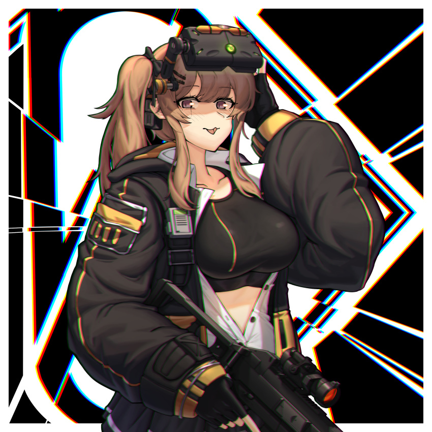 1girl absurdres black_gloves black_jacket black_skirt black_sports_bra blush bow breasts brown_eyes brown_hair collarbone eyebrows_visible_through_hair fingerless_gloves girls_frontline gloves gun h&amp;k_ump hachirodesu hair_bow hand_on_eyewear highres holding holding_gun holding_weapon jacket large_breasts long_hair looking_at_viewer open_clothes open_jacket open_mouth safety_glasses scar scar_across_eye skirt smile solo sports_bra submachine_gun twintails ump9_(girls'_frontline) upper_body weapon