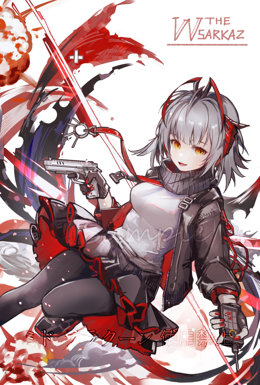 1girl absurdres ahoge arknights black_footwear black_jacket black_legwear black_scarf black_skirt breasts character_name controller demon_girl demon_horns demon_tail detached_sleeves elite_ii_(arknights) foot_out_of_frame grey_hair grey_shirt gun handgun highres holding holding_gun holding_remote_control holding_weapon horns jacket lanyard long_sleeves looking_at_viewer medium_breasts mido_(mido_chen) open_clothes open_jacket open_mouth pantyhose pistol remote_control sample scarf shirt shoes short_hair skirt solo tail w_(arknights) weapon white_background yellow_eyes