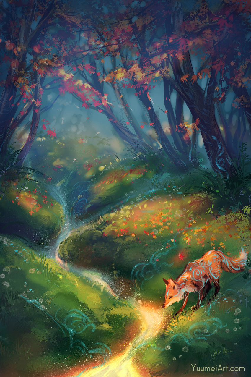 autumn autumn_leaves commentary english_commentary falling_leaves foliage forest fox grass highres leaf nature no_humans original outdoors scenery stream tree water watermark web_address yuumei