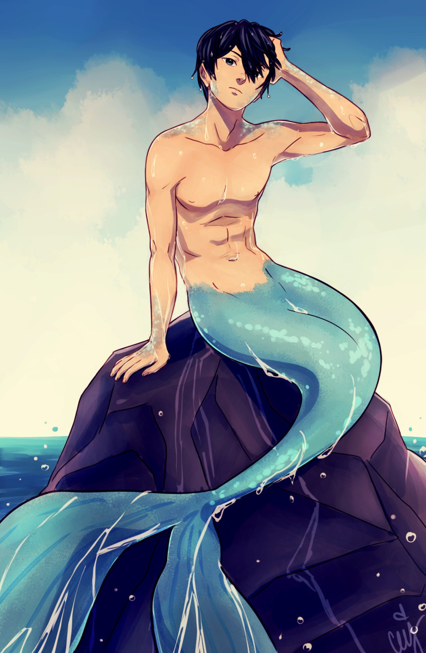 1boy abs bangs bare_arms bare_shoulders black_hair blue_eyes blue_sky ceejles clouds collarbone commentary eyebrows free! hair_between_eyes hand_in_hair hand_on_own_head highres lips looking_at_viewer male_focus merman monster_boy nanase_haruka_(free!) nipples ocean outdoors pectorals rock scales short_hair sitting sky solo stomach tail topless_male water wet