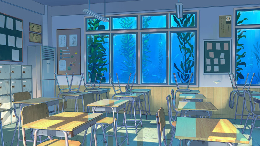 air_conditioner bulletin_board certificate chair chinese_commentary classroom commentary_request desk fish highres kelp no_humans note ocean original paper scenery school shade shelf sunlight underwater window xingzhi_lv