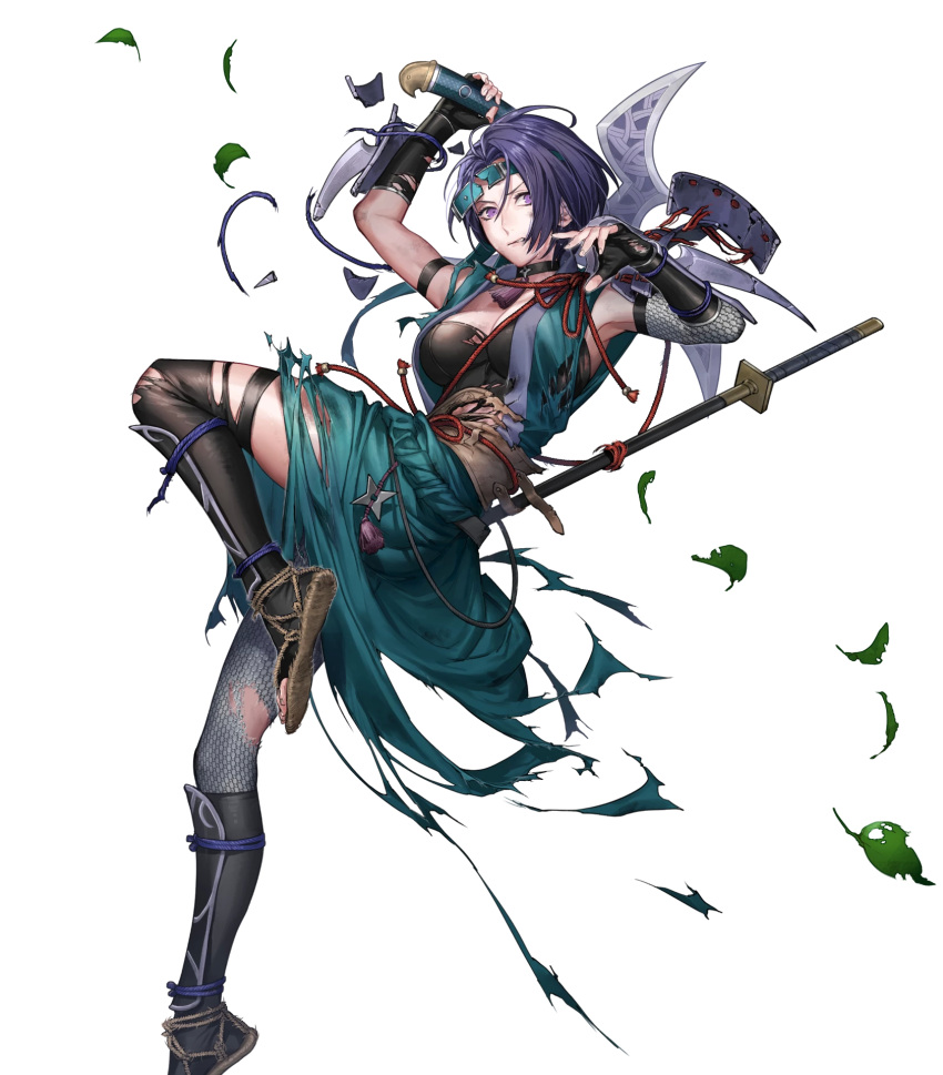 1girl arm_guards armor armpits axe bangs battle_axe black_legwear breasts broken_armor choker clenched_teeth fingerless_gloves fire_emblem fire_emblem:_three_houses fire_emblem_heroes fishnets full_body gloves headgear highres holding holding_weapon japanese_clothes leaf leg_up looking_away medium_breasts ninja obi official_art p-nekor parted_bangs parted_lips purple_hair sandals sash shamir_nevrand shiny shiny_hair short_hair solo sword teeth thigh-highs thighs torn_clothes transparent_background violet_eyes weapon