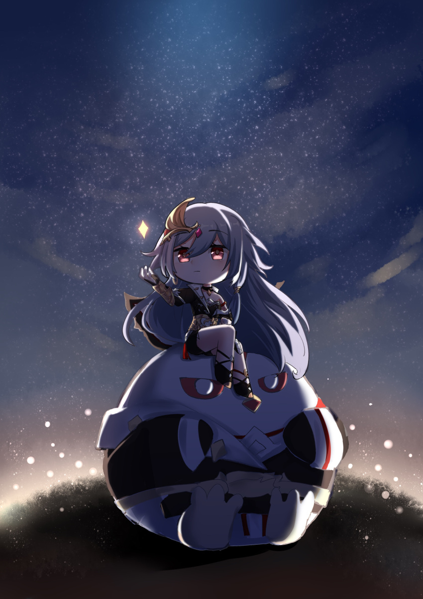 1girl absurdres animal bangs bird black_footwear black_hair chibi chick chinese_clothes closed_mouth dprideday fu_hua fu_hua_(herrscher_of_sentience) glowing hair_between_eyes hair_ornament highres honkai_(series) honkai_impact_3rd long_hair looking_up night night_sky outdoors red_eyes sitting sky solo star_(sky)