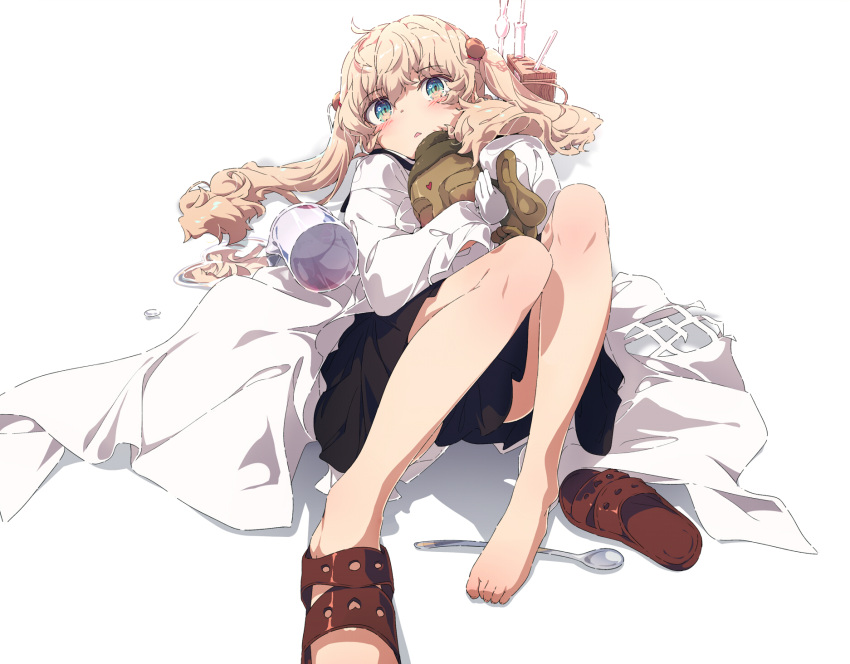 1girl bangs barefoot beaker blonde_hair blue_eyes blush eyebrows_visible_through_hair highres indie_virtual_youtuber long_hair looking_at_viewer lying ogipote ogipote_(vtuber) on_back parted_lips pleated_skirt skirt sleeves_past_wrists slippers solo spoon twintails virtual_youtuber