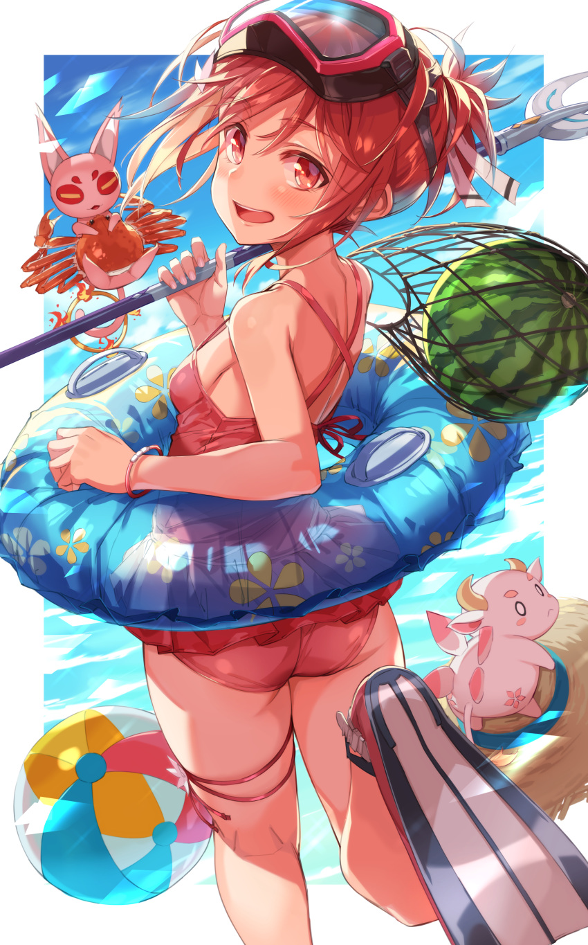 0_0 1girl :d absurdres ass ball bangs bare_legs bare_shoulders beachball blue_sky blush breasts casual_one-piece_swimsuit creature day eyebrows_visible_through_hair flippers frilled_swimsuit frills goggles goggles_on_head hat highres holding holding_staff innertube leg_up looking_at_viewer looking_back michairu one-piece_swimsuit outdoors red_eyes red_swimsuit redhead running short_hair short_ponytail sideboob sky small_breasts smile solo staff straw_hat swimsuit thigh_strap yuuki_yuuna yuuki_yuuna_wa_yuusha_de_aru yuusha_de_aru