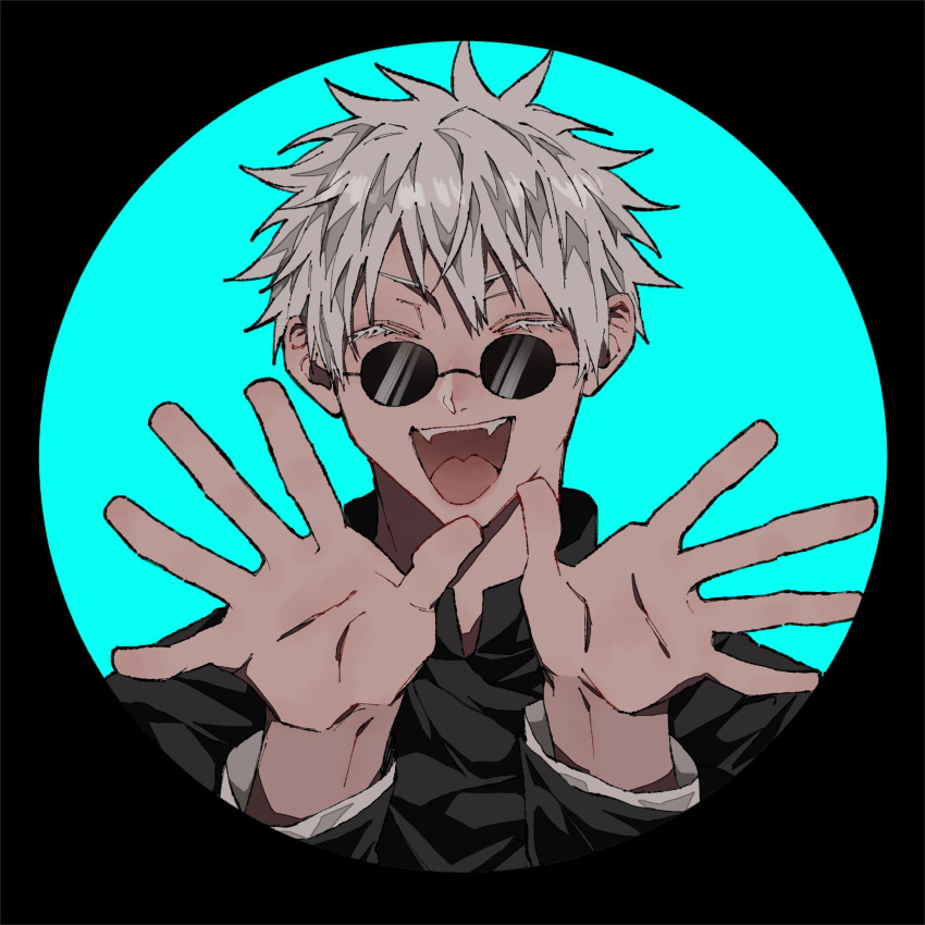 1boy :d aqua_background bangs black_background black_jacket closed_eyes gojou_satoru hands_up highres jacket jujutsu_kaisen jujutsu_tech_uniform male_focus nashizato_99 open_hands open_mouth round_eyewear short_hair smile solo sunglasses upper_body white_hair