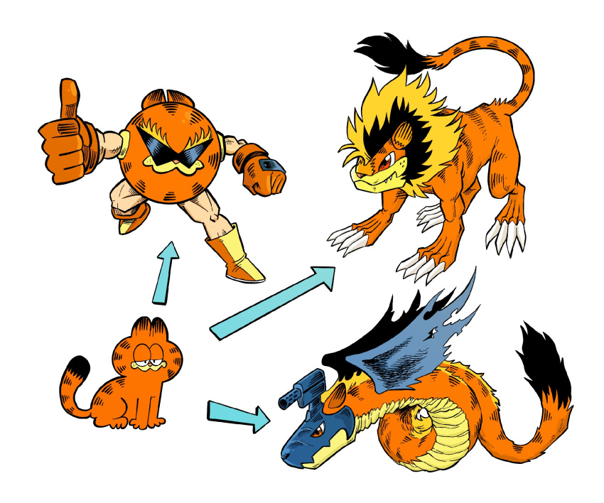 arrow_(symbol) cat commentary digimon digimon_(creature) dragon english_commentary garfield garfield_(character) highres lion mecha no_humans parody sam_o simple_background white_background