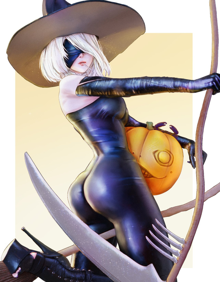 1girl android ass bare_shoulders blindfold bodysuit boots breasts crab elbow_gloves emil_(nier) from_behind gloves halloween halloween_costume hat high_heel_boots high_heels highres jack-o'-lantern medium_breasts nier_(series) nier_automata pumpkin scythe shiny shiny_clothes shiny_hair shiny_skin short_hair sideboob silver_hair skin_tight solo stormyorha yorha_no._2_type_b